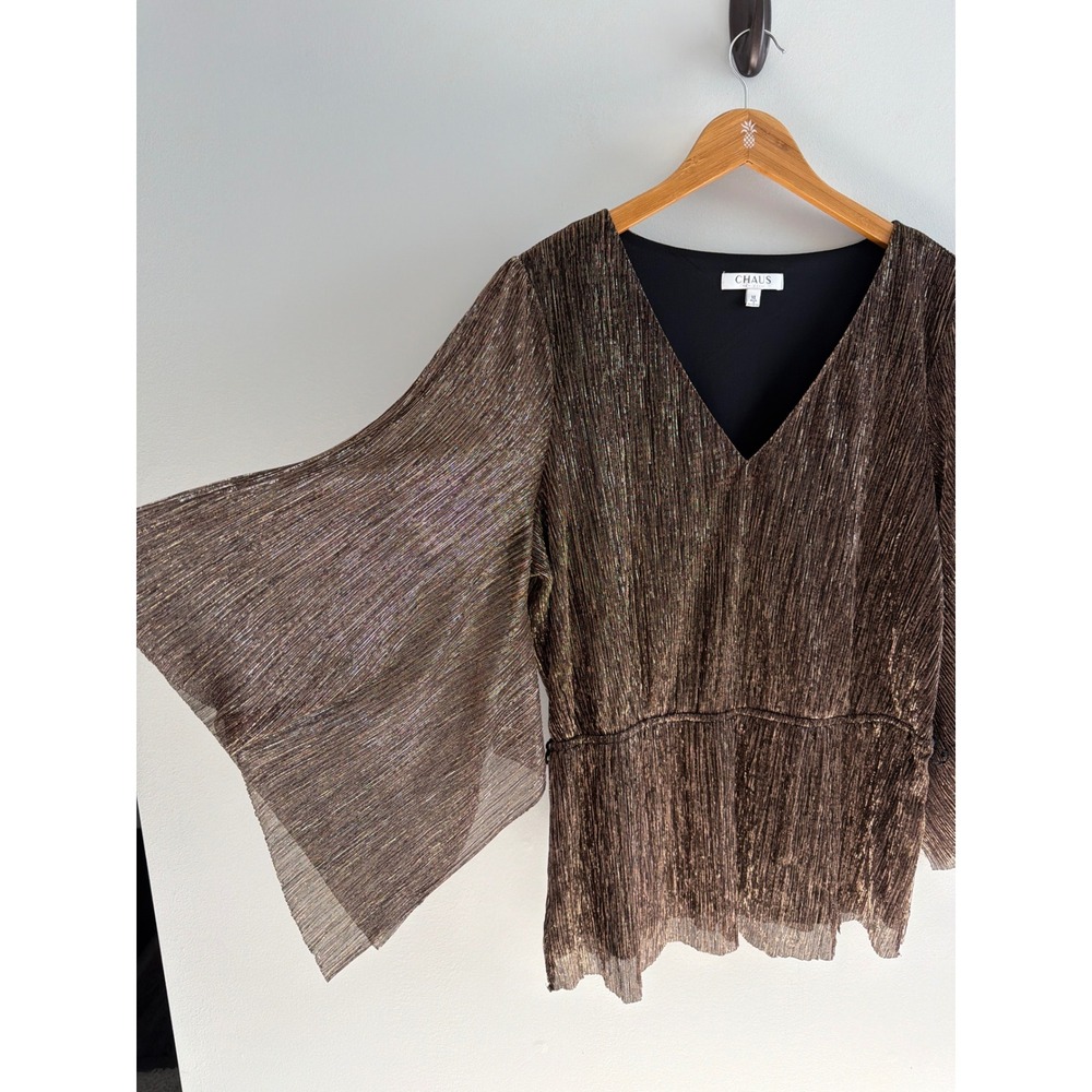 Chaus New York Metallic Plisse V-Neck Bell Sleeve Peplum Blouse Bronze Gold XL